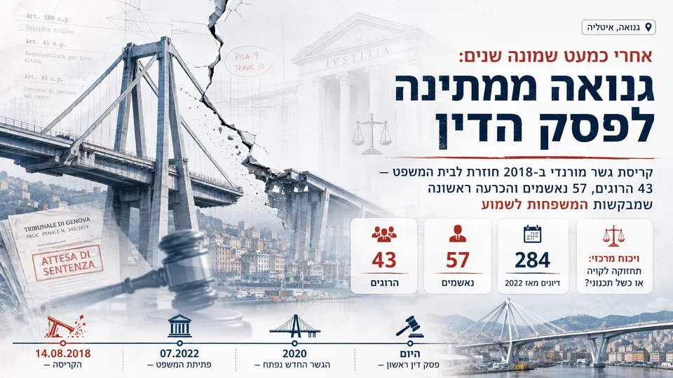הדמיה חדשותית רחבה המציגה את גשר מורנדי בגנואה לצד אולם משפט, וממחישה את ההמתנה לפסק הדין כמעט שמונה שנים אחרי האסון.