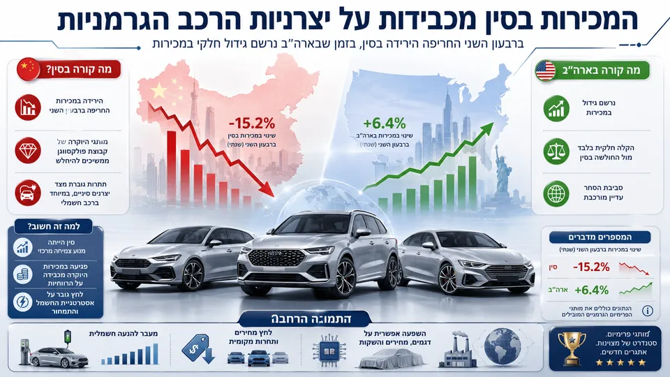 השוואה בין ירידה במכירות יצרניות הרכב הגרמניות בסין לבין צמיחה במכירות בארה״ב במחצית הראשונה של 2026.