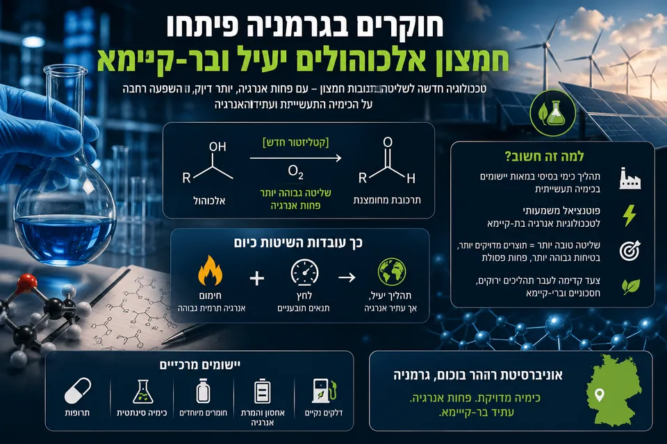תמונה חדשותית־מדעית המציגה מעבדת כימיה מתקדמת, כלי זכוכית עם נוזל כחול, נוסחת תגובת חמצון אלכוהולים, טורבינות רוח ופאנלים סולאריים ברקע, לצד שכבות מידע בעברית על פיתוח שיטה יעילה ובר־קיימא באוניברסיטת רוהר בוכום.