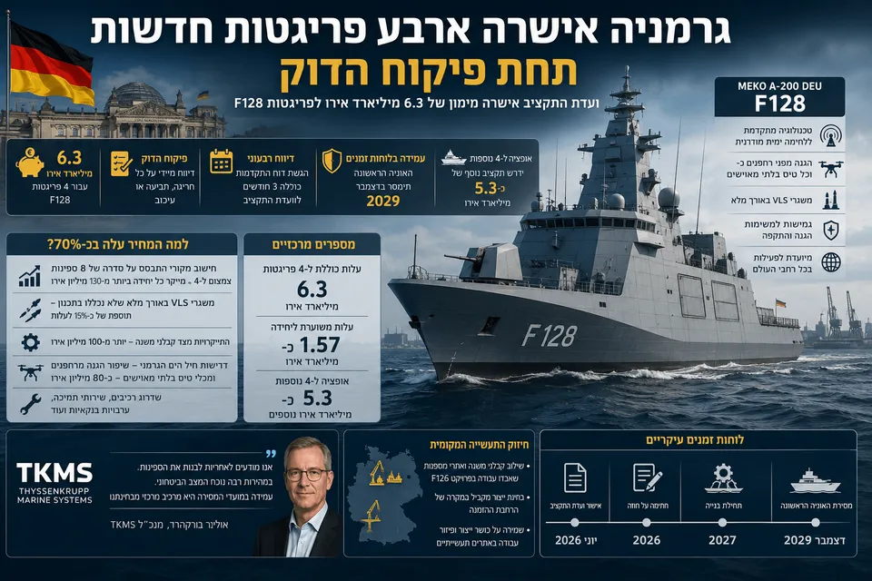 אינפוגרפיקה המציגה פריגטה גרמנית חדשה מדגם F128, דגל גרמניה, תקציב של 6.3 מיליארד אירו, פיקוח פרלמנטרי ולוח זמנים למסירה.