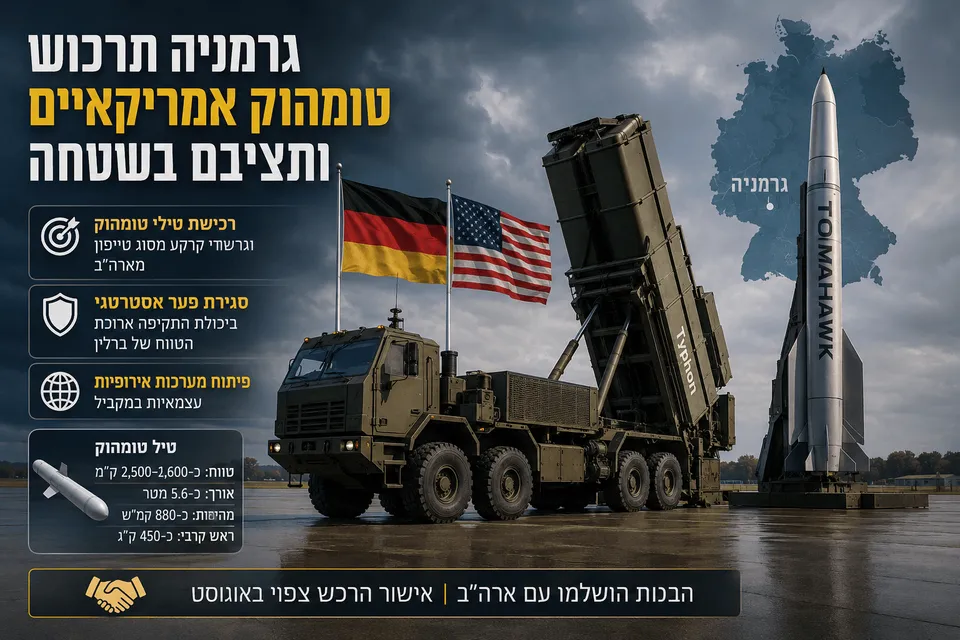 תמונה מערכתית דרמטית המציגה משגר טייפון צבאי, טיל טומהוק גדול ודגלי גרמניה וארצות הברית, על רקע מפת גרמניה ושמיים קודרים, כמטאפורה לרכש טילי השיוט האמריקאיים ולהתחזקות יכולת התקיפה ארוכת הטווח של ברלין.