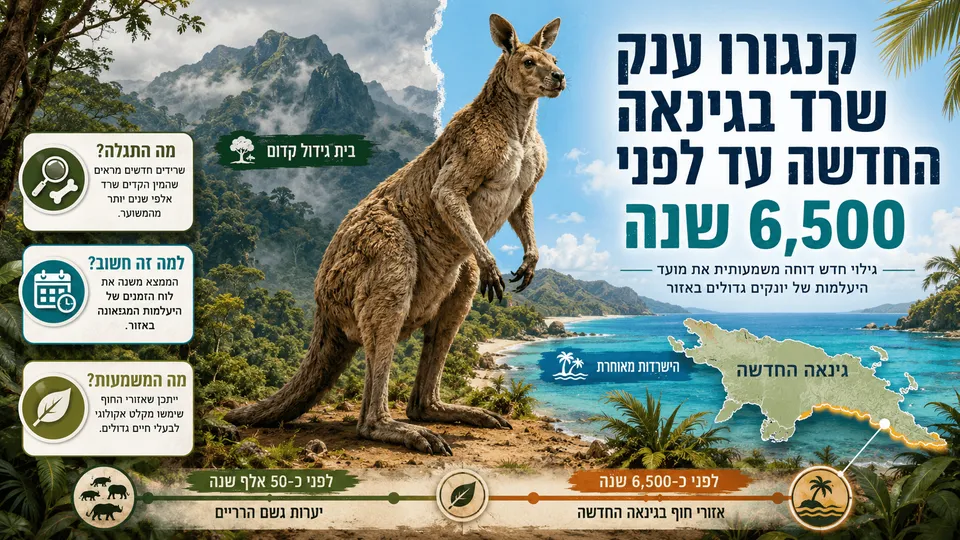 קנגורו ענק קדום על רקע חופי ויערות גינאה החדשה, לצד מפת האי וציר זמן המדגיש הישרדות עד לפני כ־6,500 שנה.