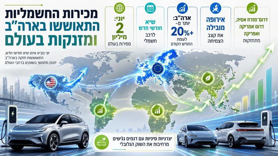 מפת העולם לצד מכוניות חשמליות וגרפי צמיחה, עם שיא של 2 מיליון מסירות ביוני והתאוששות בארה״ב.