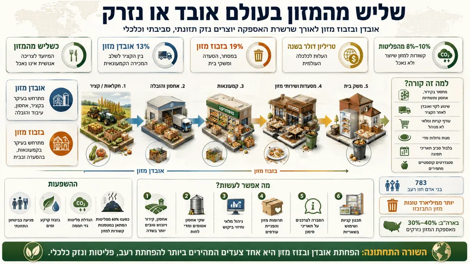 המחשה של אובדן ובזבוז מזון מהחקלאות ועד משקי הבית, לצד הנזק הכלכלי והסביבתי.
