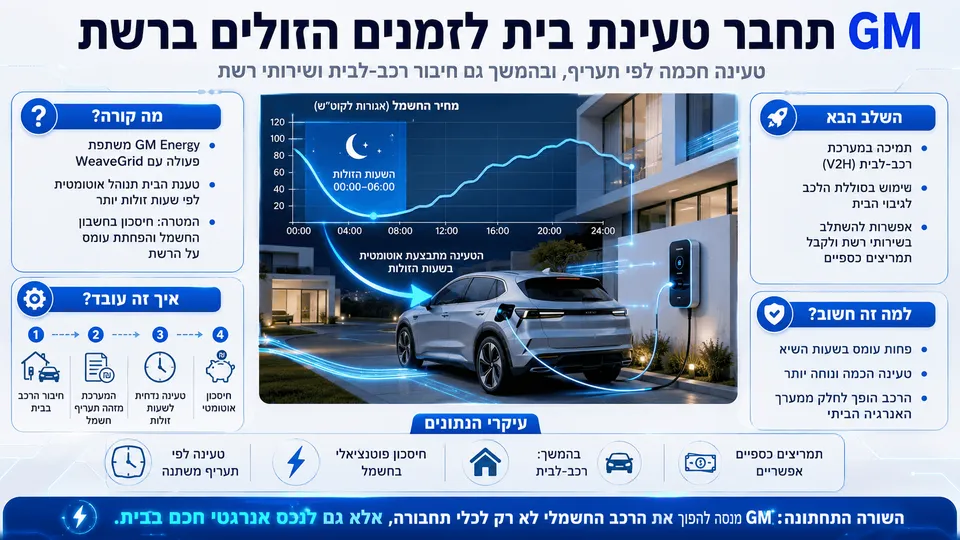 רכב חשמלי של GM נטען בבית אוטומטית בשעות שבהן תעריף החשמל נמוך יותר.