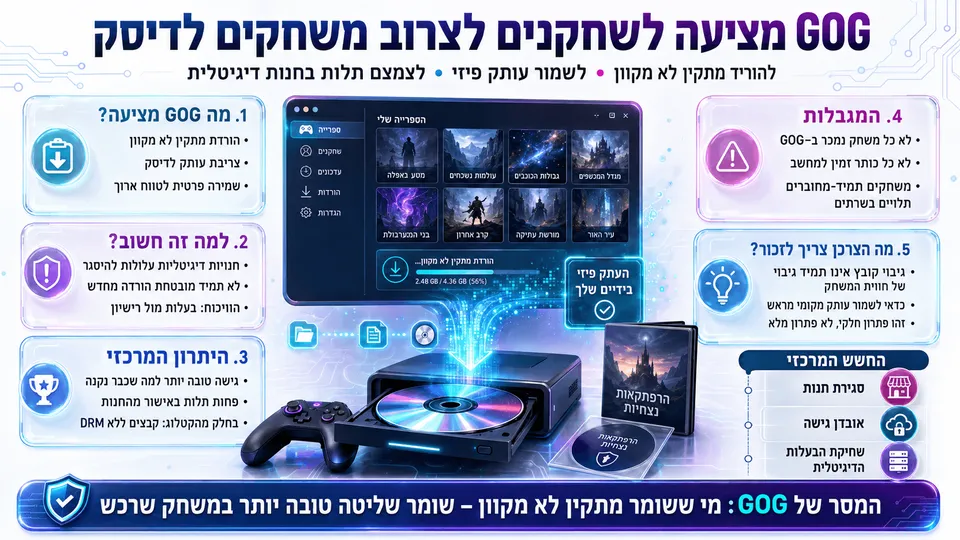 המחשה של GOG המעודדת גיבוי משחקים דיגיטליים באמצעות הורדת מתקין לא מקוון וצריבתו לדיסק.