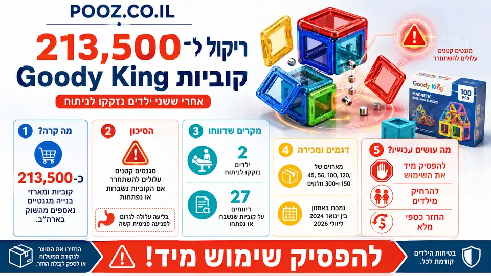 קוביות מגנטיות של Goody King לצד אזהרת ריקול ובטיחות לילדים.