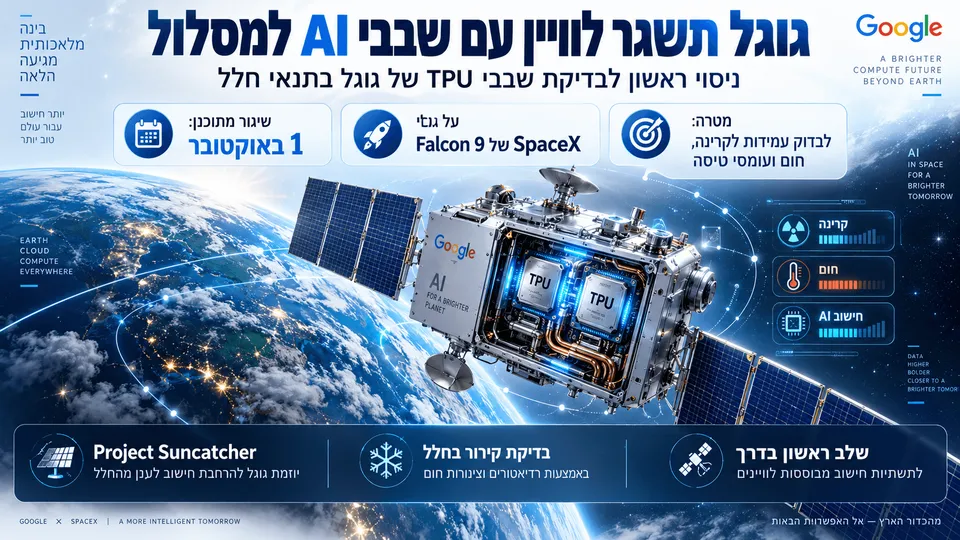 לוויין ניסיוני של גוגל בחלל עם שבבי TPU מוארים, ברקע כדור הארץ מהמסלול. בתמונה מופיעים פרטי הניסוי, כולל שיגור ב־1 באוקטובר על גבי Falcon 9 של SpaceX, ובדיקת עמידות השבבים לקרינה, חום ועומסי טיסה במסגרת Project Suncatcher.