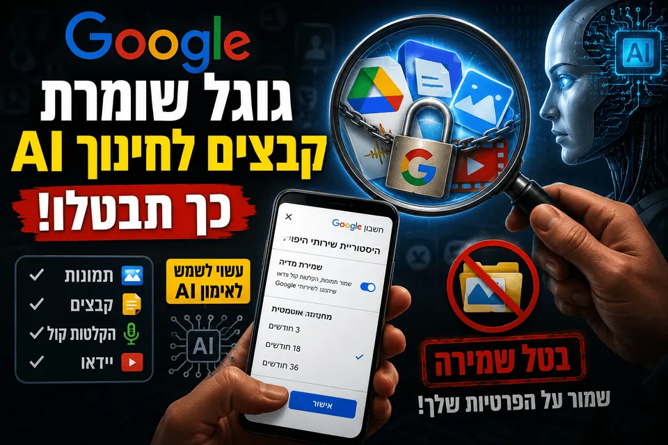 גרפיקה דרמטית על גוגל, קבצים, תמונות והקלטות הנשמרים לשיפור AI, עם מסך הגדרות פרטיות וסמל ביטול שמירה.