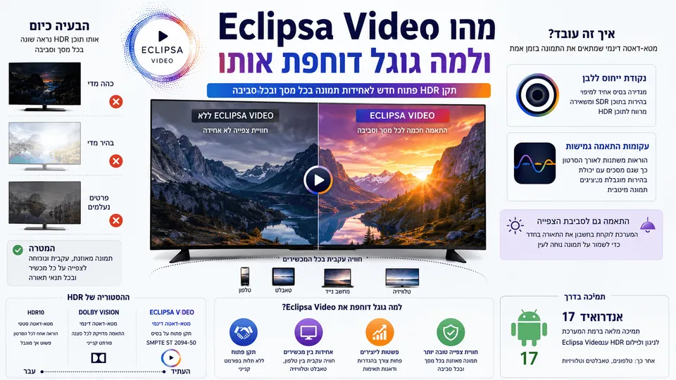 השוואת תצוגת HDR במסכים שונים באמצעות Eclipsa Video ומטא־דאטה דינמי להתאמת בהירות וניגודיות.