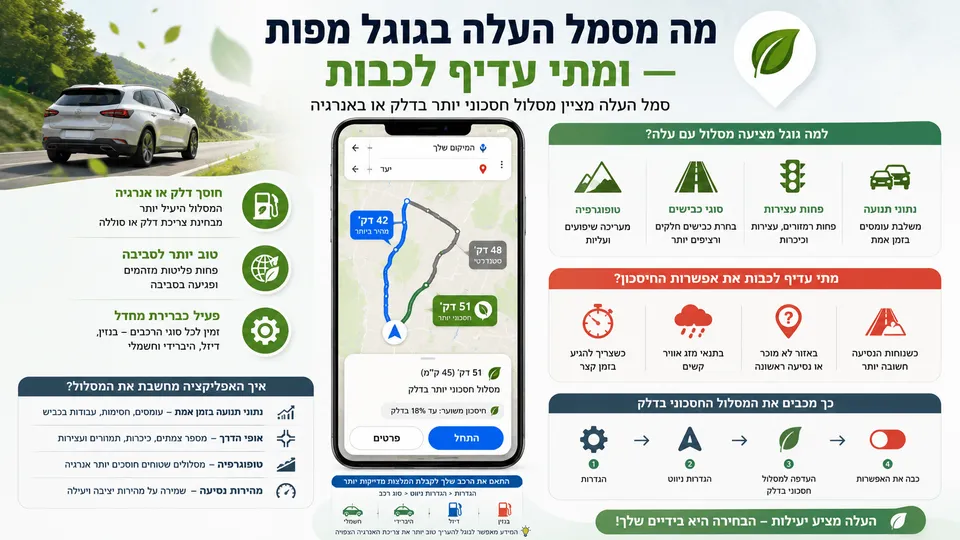 מסלול חסכוני בגוגל מפות המסומן בסמל עלה, לצד השוואה לדרך מהירה יותר והגדרות סוג הרכב.