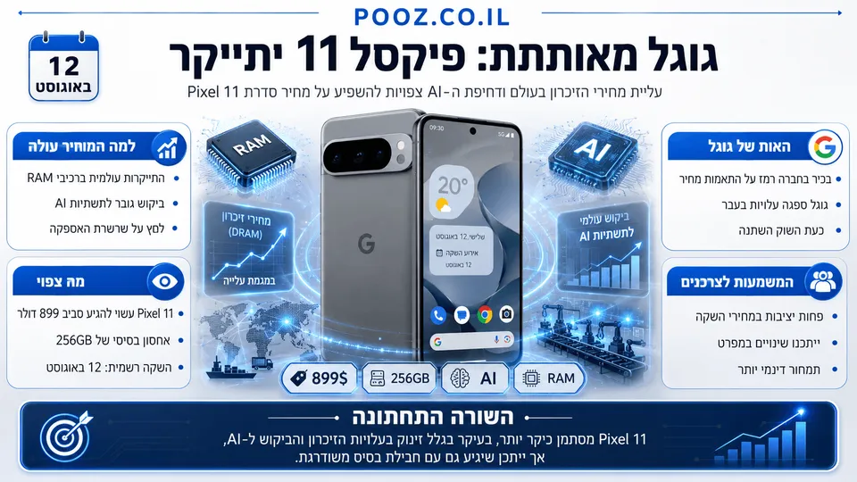 המחשה חדשותית של סמארטפון Google Pixel 11 במרכז, לצד שבבי RAM ו-AI, גרפים של עליית מחירים ונתונים על התייקרות צפויה בעקבות עלויות זיכרון גבוהות והביקוש הגובר לתשתיות בינה מלאכותית.