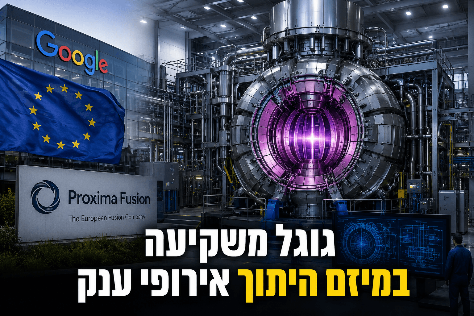 מתקן היתוך גרעיני עתידני של Proxima Fusion לצד דגל אירופה ולוגו Google, עם כיתוב בעברית על השקעת גוגל במיזם היתוך אירופי.