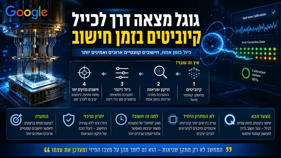 מעבד קוונטי של גוגל לצד נתוני תיקון שגיאות וכיול דינמי בזמן אמת.