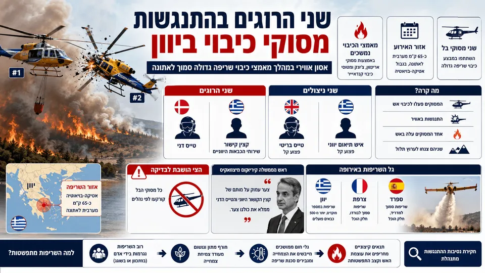 שני מסוקי כיבוי מתנגשים מעל שרפת יער גדולה סמוך לאתונה, כשברקע להבות ועשן כבד. לצד הזירה מופיעים פרטים על שני ההרוגים, שני אנשי הצוות שחולצו והקרקעת מסוקי הבל ביוון לצורך בדיקה.