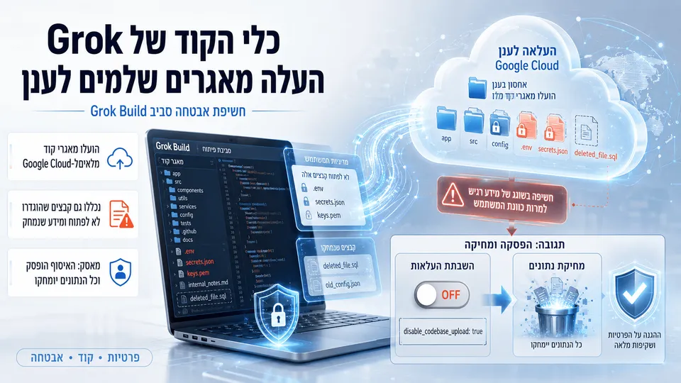 מחשב פיתוח לצד מאגרי קוד, קובצי סודות ונתונים רגישים המועלים לענן דרך Grok Build.