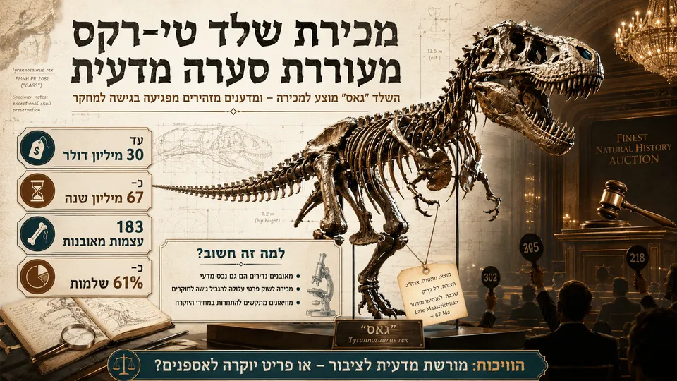שלד טי־רקס נדיר בשם גאס מוצג במכירה פומבית, לצד נתוני השלמות והוויכוח על גישה מדעית למאובנים.