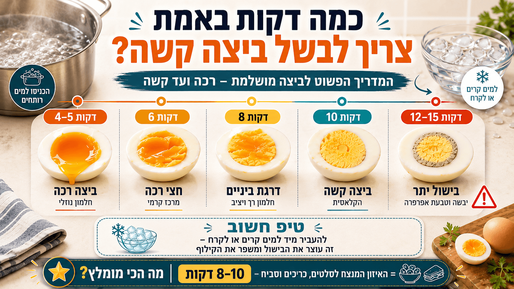 מדריך חזותי לזמני בישול ביצים, מביצה רכה ב־4–5 דקות ועד ביצה קשה ובישול יתר.