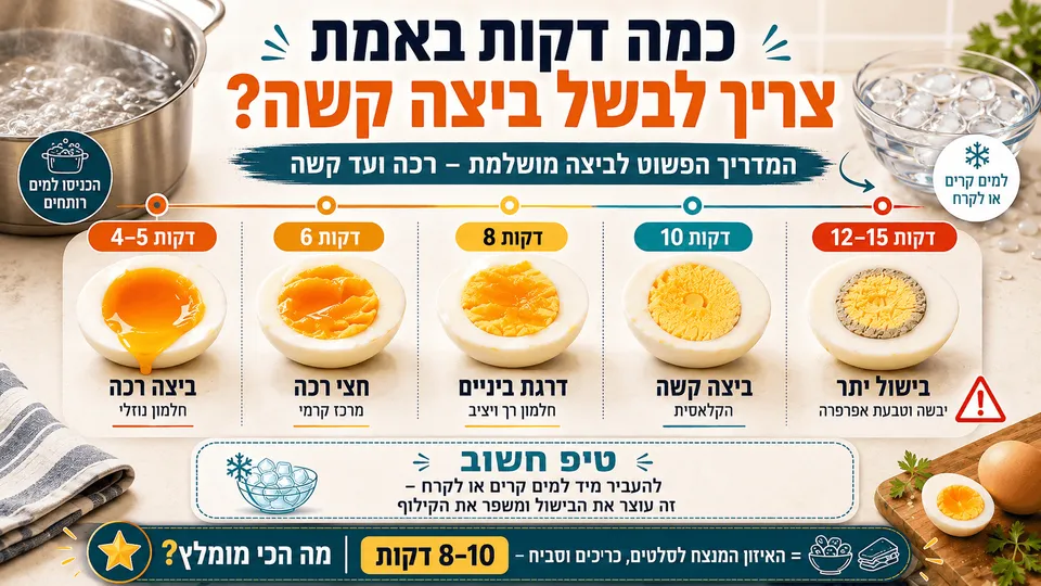 מדריך חזותי לזמני בישול ביצים, מביצה רכה ב־4–5 דקות ועד ביצה קשה ובישול יתר.