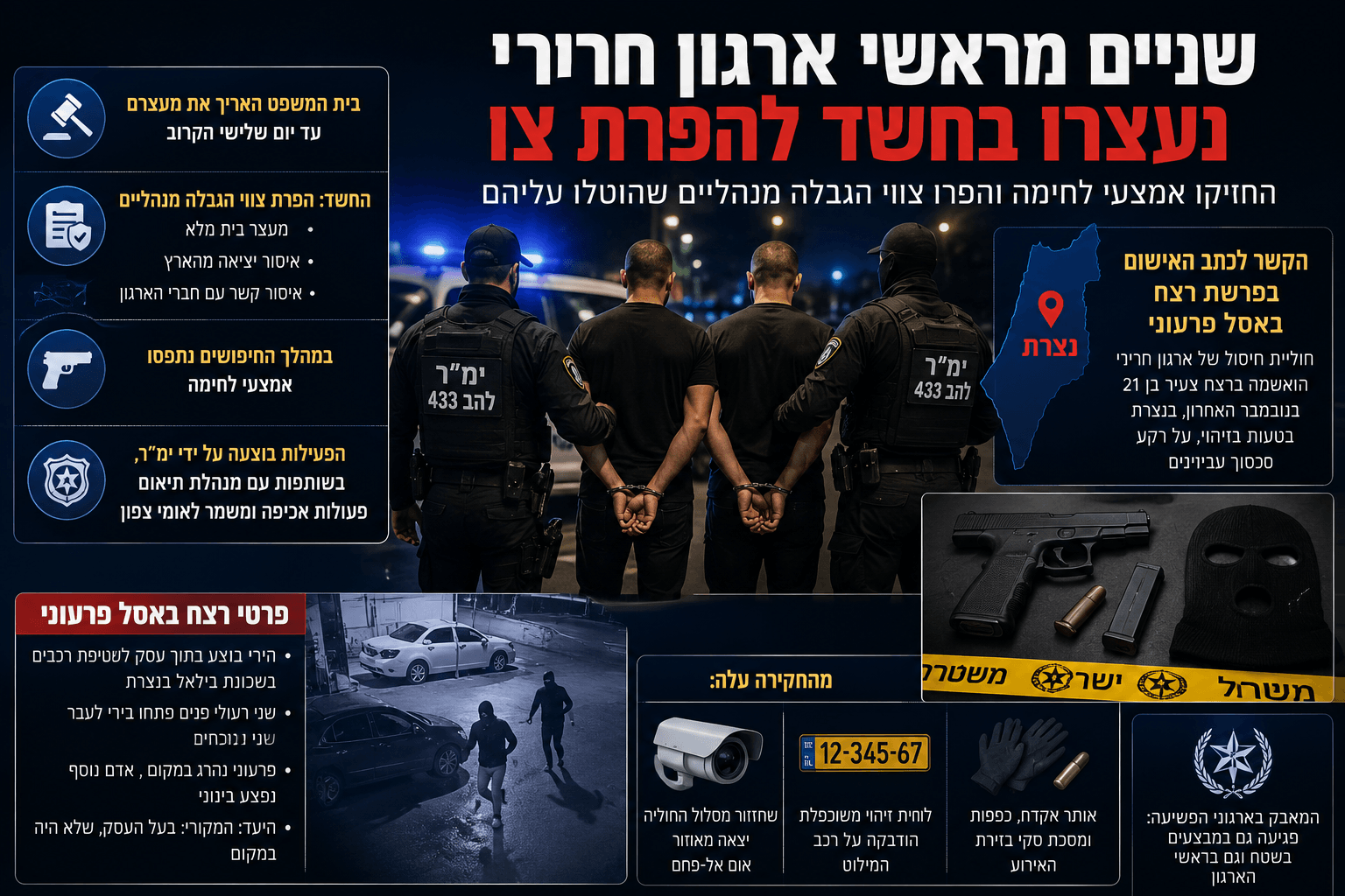 תמונה חדשותית דרמטית המציגה מעצר לילי של שני חשודים בידי כוחות להב 433, ניידות משטרה, אמצעי לחימה שנתפסו ושכבות מידע בעברית על חשד להפרת צווי הגבלה, החזקת נשק והקשר לפרשת רצח באסל פרעוני בנצרת.