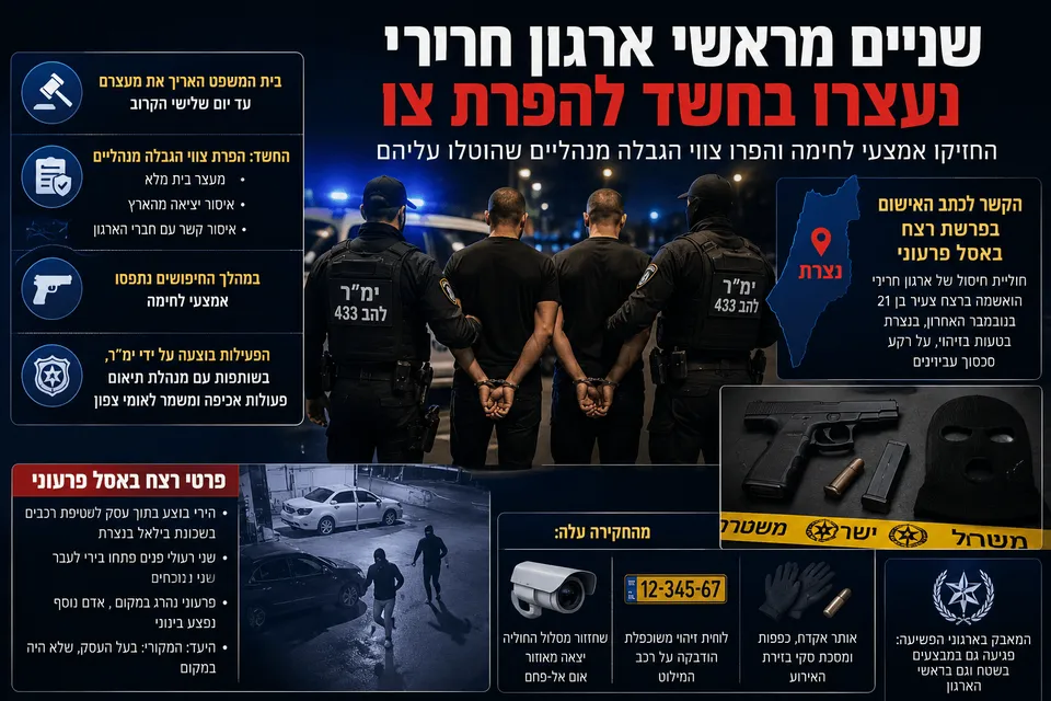 תמונה חדשותית דרמטית המציגה מעצר לילי של שני חשודים בידי כוחות להב 433, ניידות משטרה, אמצעי לחימה שנתפסו ושכבות מידע בעברית על חשד להפרת צווי הגבלה, החזקת נשק והקשר לפרשת רצח באסל פרעוני בנצרת.