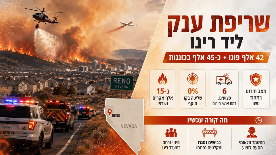 שריפת ענק ליד רינו עם כוחות כיבוי ופינוי תושבים.