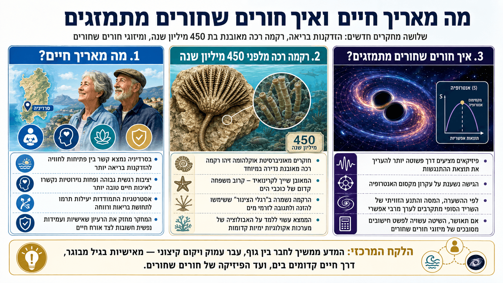 אינפוגרפיקה מדעית על אריכות חיים, רקמה מאובנת בת 450 מיליון שנה ומיזוגי חורים שחורים.