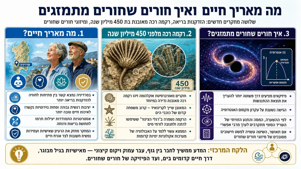 אינפוגרפיקה מדעית על אריכות חיים, רקמה מאובנת בת 450 מיליון שנה ומיזוגי חורים שחורים.