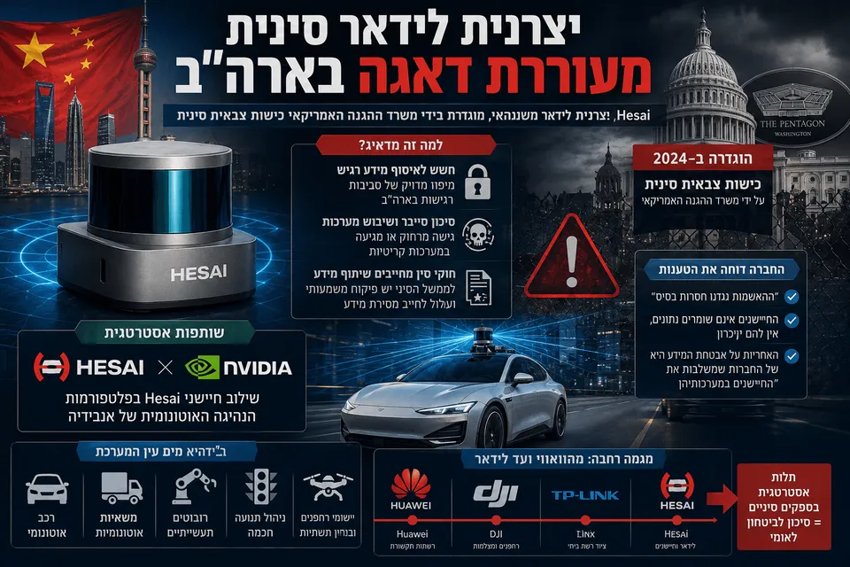 חיישן לידאר של Hesai על רקע מתיחות סין־ארה״ב, רכב אוטונומי, סמלי סייבר ואזהרות ביטחוניות.
