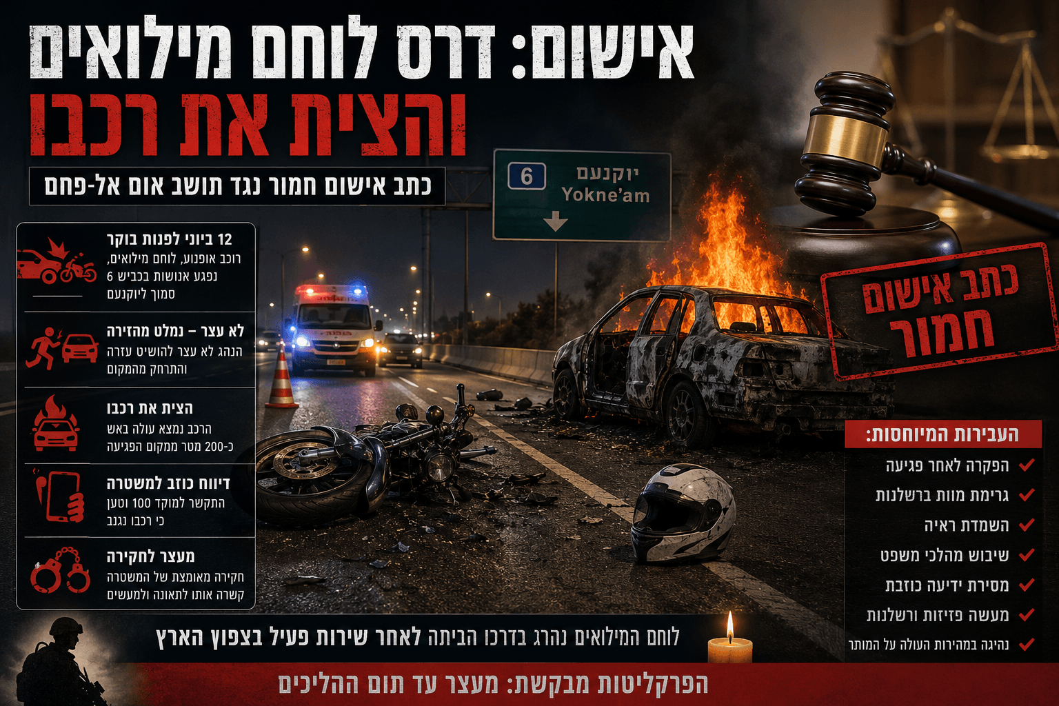 זירת תאונה לילית בכביש 6 סמוך ליוקנעם, ובה אופנוע מוטל על הכביש, רכב בוער, כוחות הצלה ותאורת חירום. בצד התמונה מופיעים פטיש שופט וסמלים המתארים פגע וברח, הצתת רכב, דיווח כוזב וכתב אישום חמור.