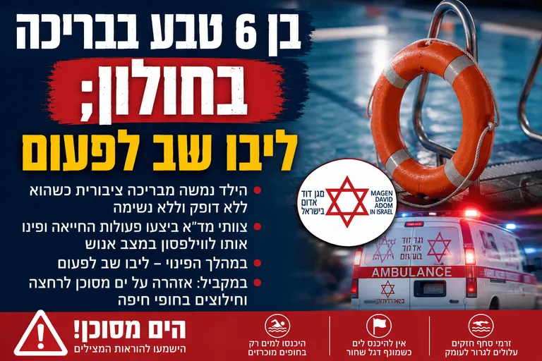 תמונה עבור הכתבה: בן 6 טבע בבריכה בחולון; ליבו שב לפעום