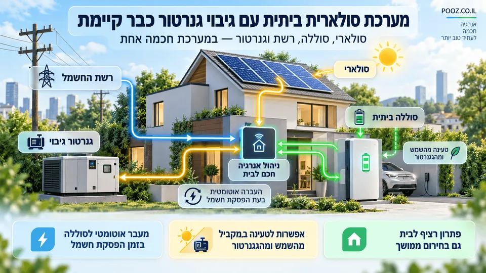 בית עם פאנלים סולאריים, סוללה וגנרטור במערכת אנרגיה חכמה.