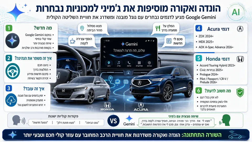 רכבי הונדה ואקורה עם Google Gemini מובנה במערכת המולטימדיה לשליטה קולית חכמה וניווט מתקדם.