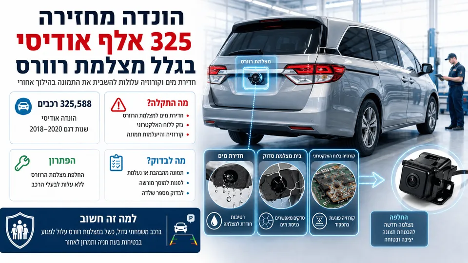 הונדה אודיסי במוסך לצד מצלמת רוורס תקולה, בעקבות קריאת שירות ל־325,588 כלי רכב משנות הדגם 2018–2020.