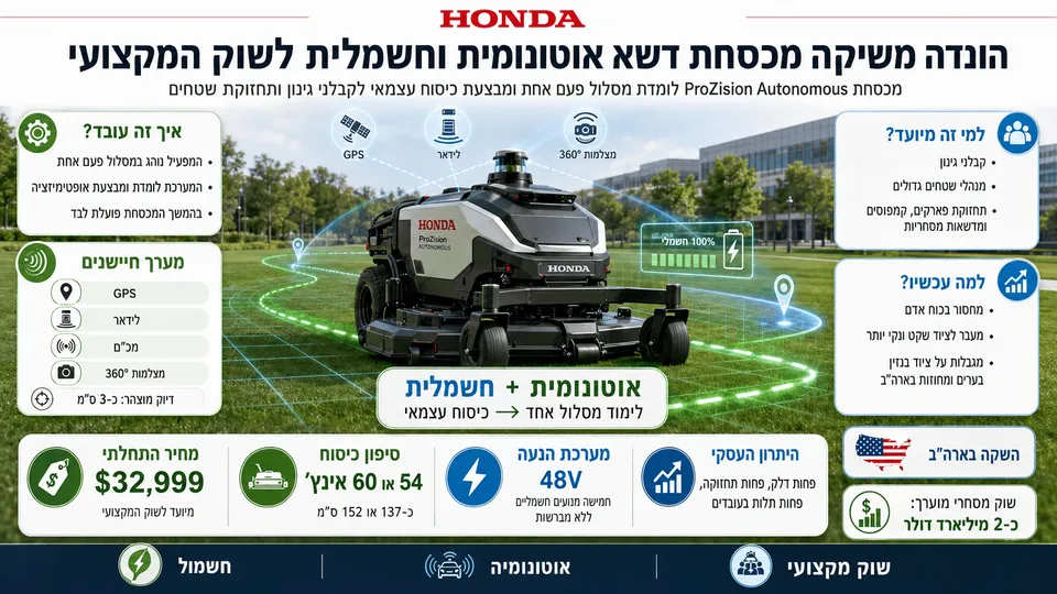 מכסחת הדשא החשמלית והאוטונומית Honda ProZision פועלת בשטח מסחרי בעזרת GPS, לידאר, מכ״ם ומצלמות.