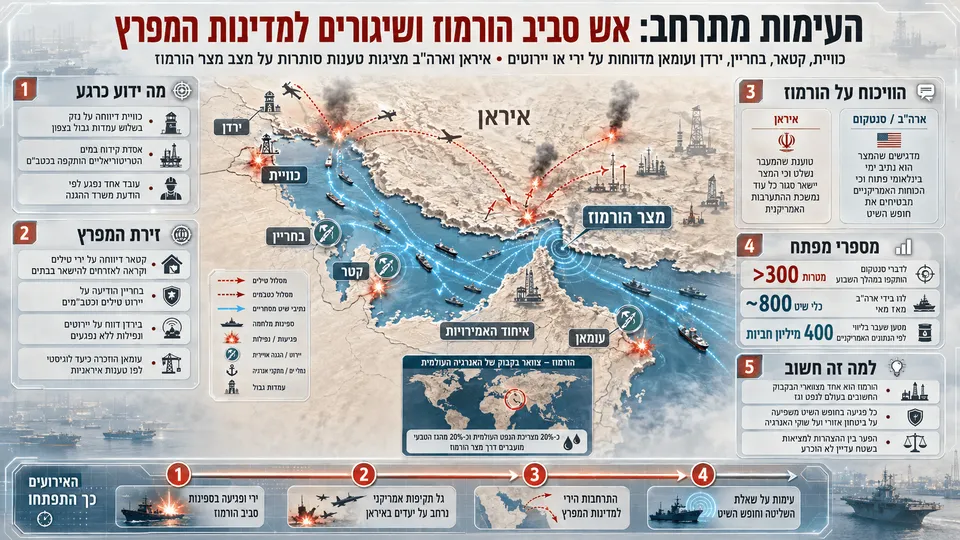 העימות מתרחב: אש סביב הורמוז ושיגורים למדינות המפרץ