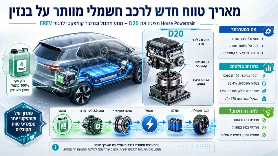רכב חשמלי בחתך המציג את מערכת D20 של Horse Powertrain, עם מנוע מתנול, גנרטור שטף צירי וסוללה.