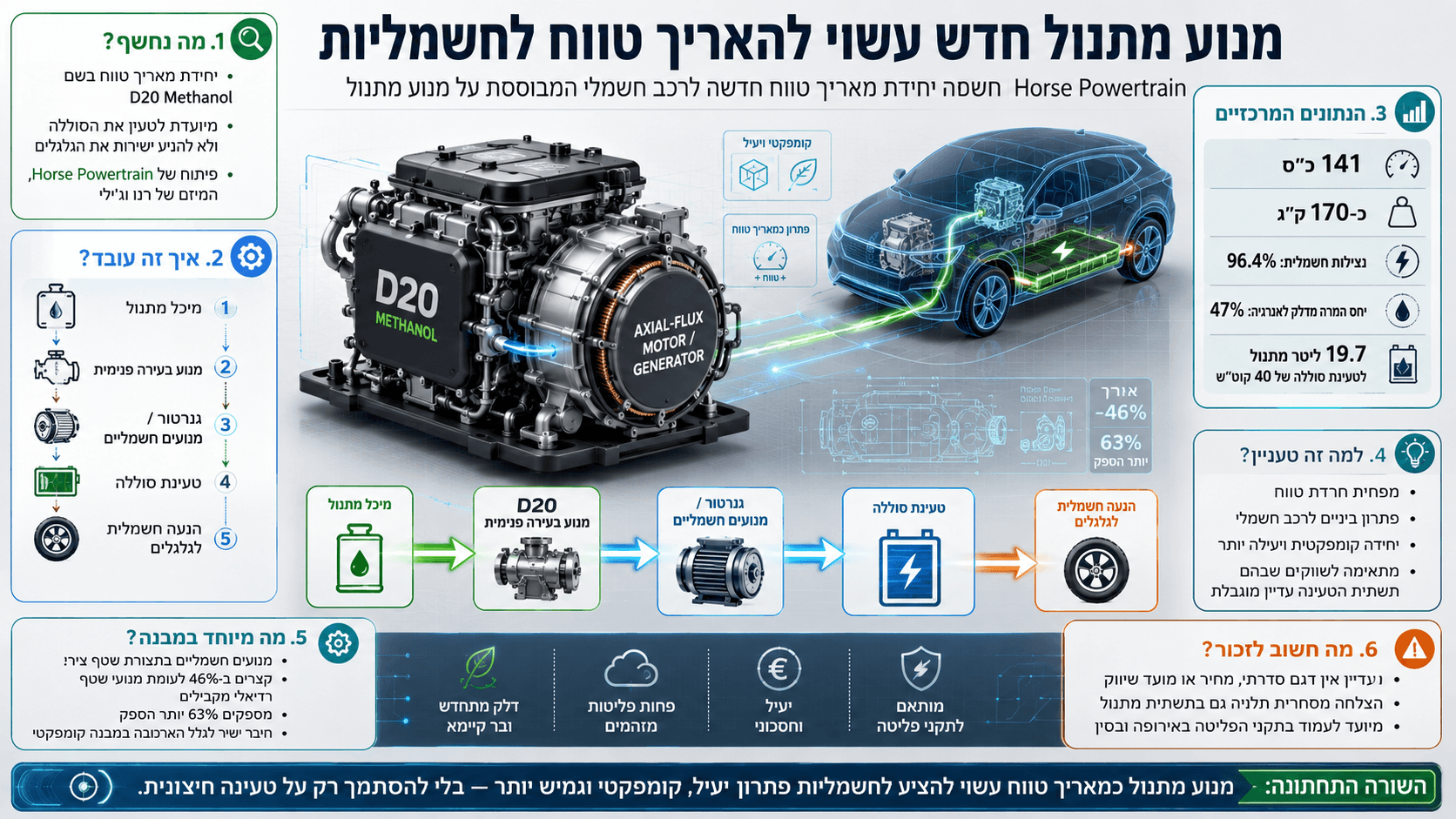 יחידת D20 Methanol של Horse Powertrain המשלבת מנוע מתנול וגנרטור חשמלי להארכת טווח של מכוניות חשמליות.