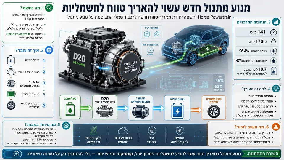 יחידת D20 Methanol של Horse Powertrain המשלבת מנוע מתנול וגנרטור חשמלי להארכת טווח של מכוניות חשמליות.