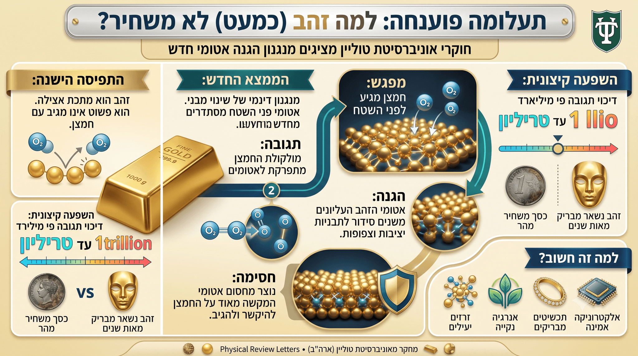 אינפוגרפיקה מפורטת על עמידות זהב לחמצון. מציגה השוואה בין תפיסה ישנה לממצא חדש: סידור אטומי פני שטח (Surface rearrangement) יוצר מחסום חסין. כולל השוואה לכסף והשלכות על זרזים, אנרגיה ואלקטרוניקה.