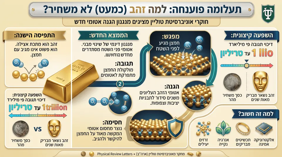 אינפוגרפיקה מפורטת על עמידות זהב לחמצון. מציגה השוואה בין תפיסה ישנה לממצא חדש: סידור אטומי פני שטח (Surface rearrangement) יוצר מחסום חסין. כולל השוואה לכסף והשלכות על זרזים, אנרגיה ואלקטרוניקה.