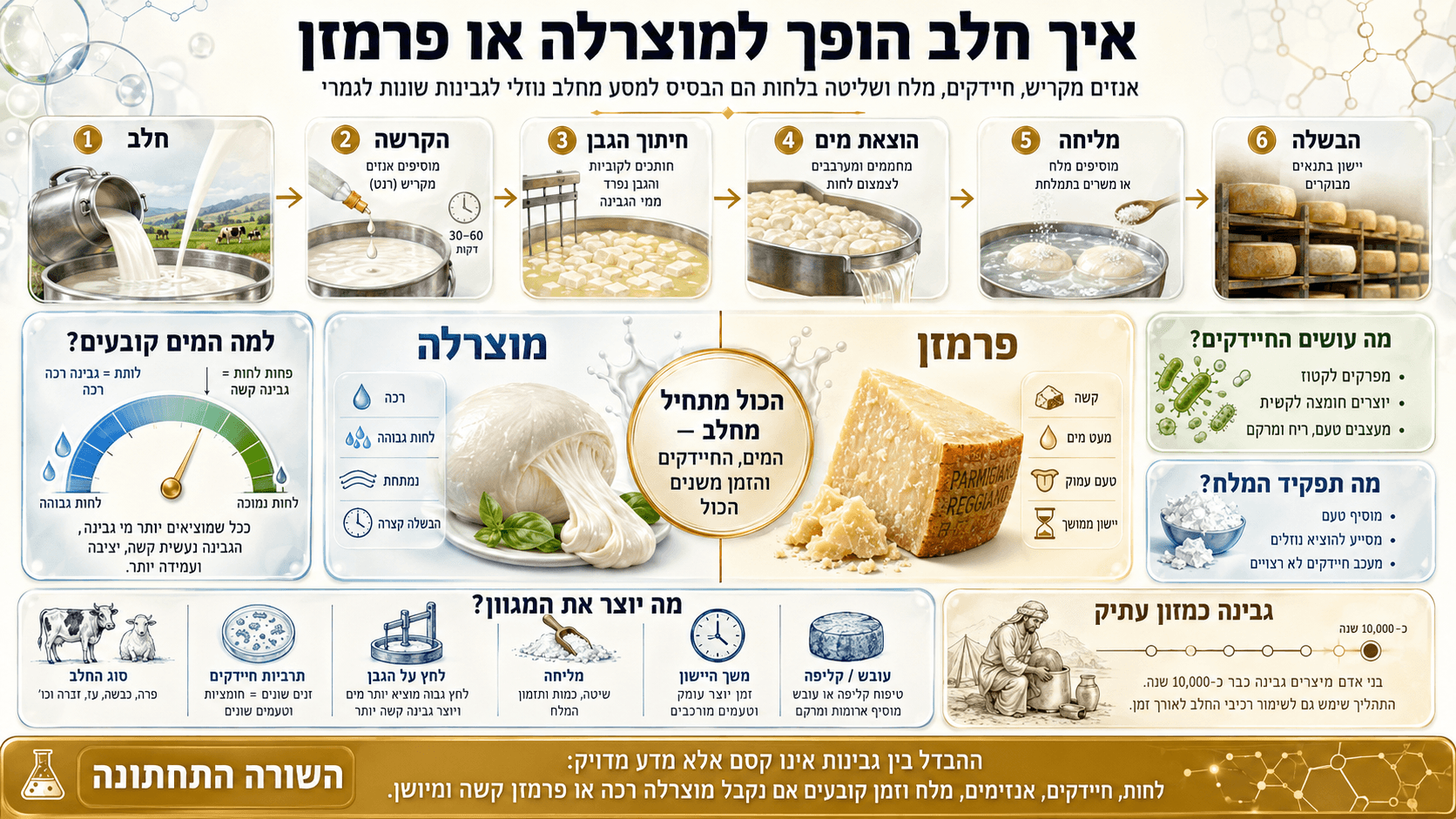 תהליך הפיכת חלב לגבינה, מהקרשה וחיתוך הגבן ועד מליחה והבשלה של מוצרלה ופרמזן.