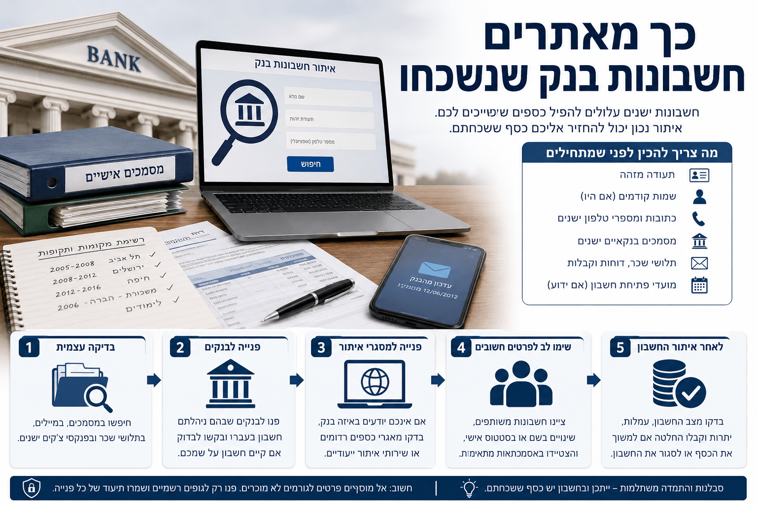 תמונה מדריכית המציגה חיפוש אחר חשבון בנק נשכח באמצעות מסמכים ישנים, מחשב עם טופס איתור חשבונות, רשימת כתובות ומקומות עבודה קודמים ופנייה מסודרת לבנקים.