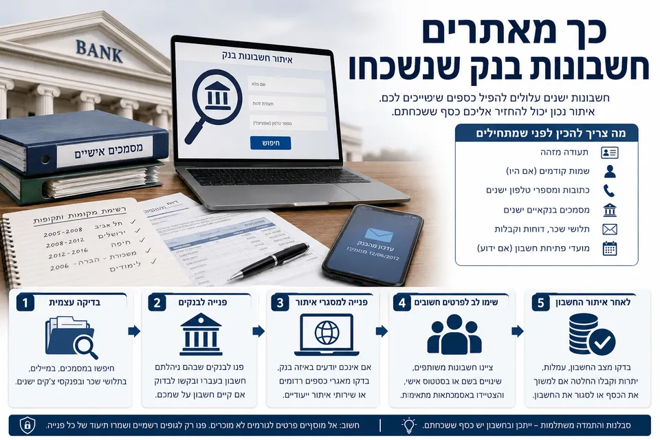 תמונה מדריכית המציגה חיפוש אחר חשבון בנק נשכח באמצעות מסמכים ישנים, מחשב עם טופס איתור חשבונות, רשימת כתובות ומקומות עבודה קודמים ופנייה מסודרת לבנקים.