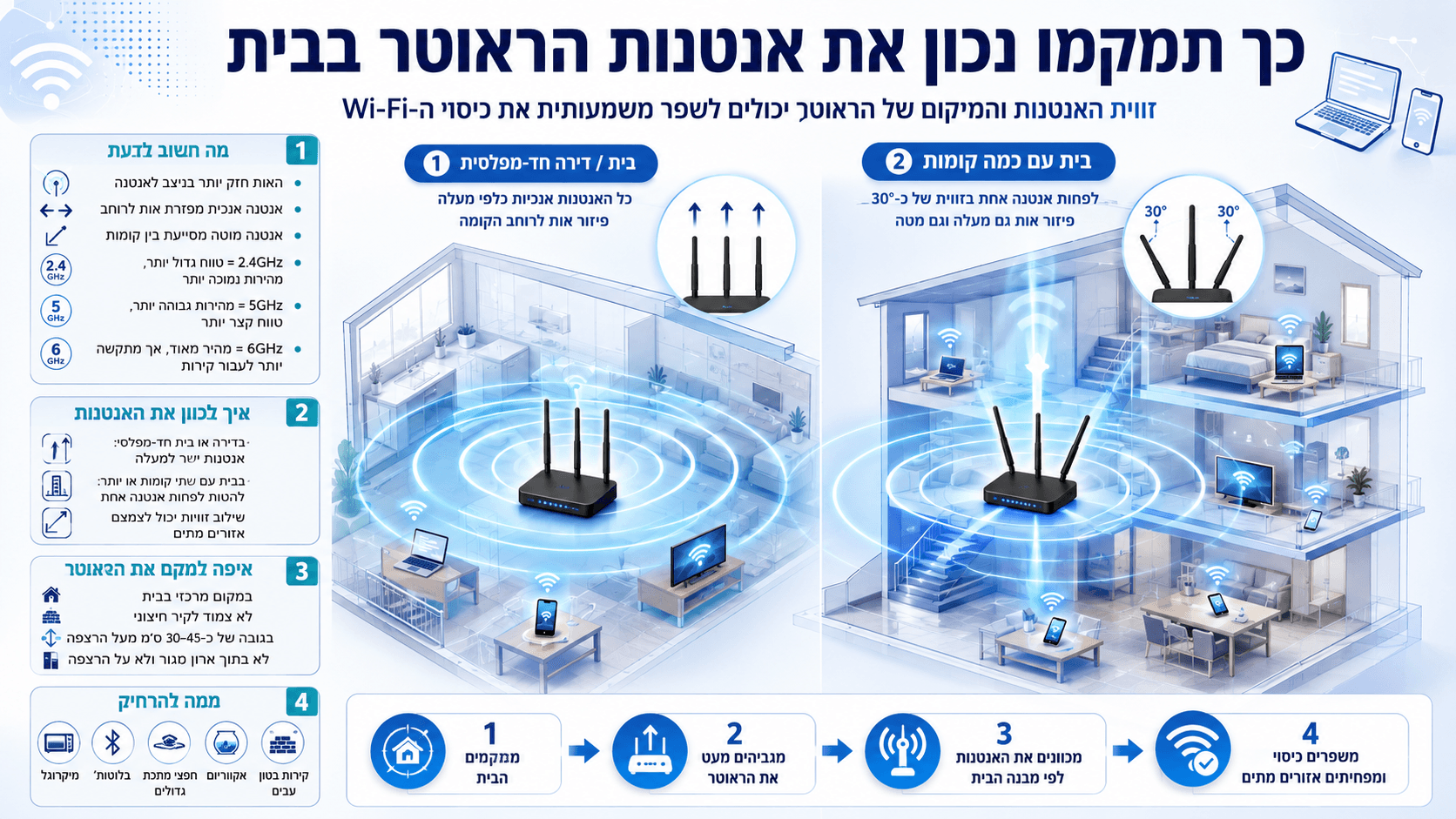 המחשה של מיקום אנטנות ראוטר בדירה ובבית רב-קומתי לשיפור פיזור אות ה-Wi-Fi והקליטה.