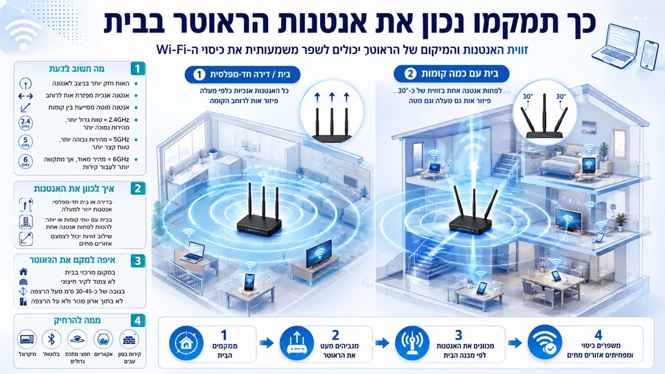 המחשה של מיקום אנטנות ראוטר בדירה ובבית רב-קומתי לשיפור פיזור אות ה-Wi-Fi והקליטה.