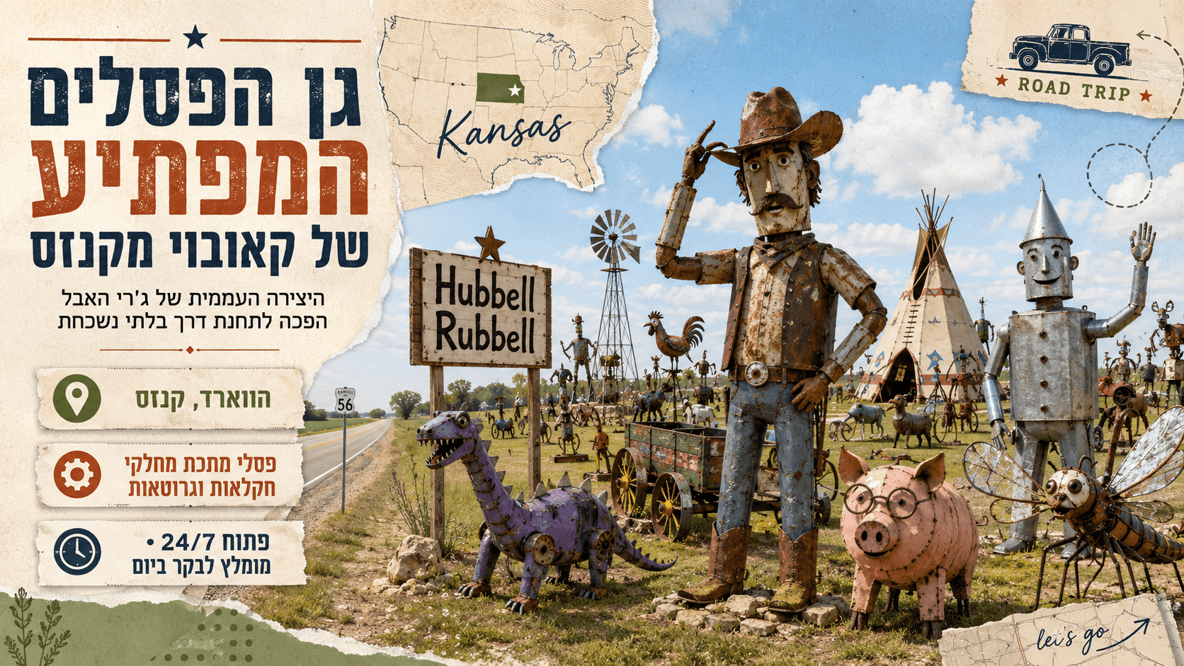 גן הפסלים Hubbell Rubbell בקנזס, עם קאובוי, דינוזאור וחיות שנבנו מחלקי חקלאות וגרוטאות מתכת.