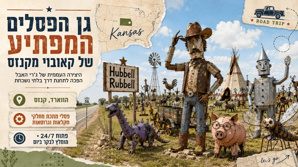 גן הפסלים Hubbell Rubbell בקנזס, עם קאובוי, דינוזאור וחיות שנבנו מחלקי חקלאות וגרוטאות מתכת.