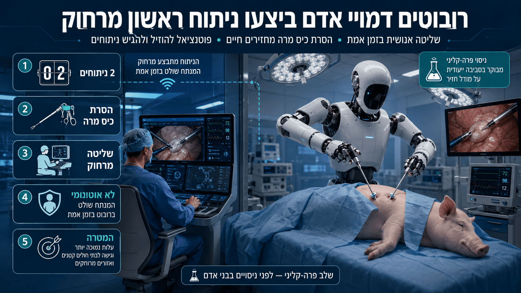 רובוט דמוי אדם מבצע ניתוח זעיר־פולשני בחזיר מורדם בחדר ניתוח מתקדם, בעוד מנתח אנושי שולט במערכת מרחוק באמצעות עמדת מחשב ומסכים רפואיים. בתמונה מודגשים שני ניתוחים להסרת כיס מרה, שליטה אנושית בזמן אמת והשלב הפרה־קליני של המחקר.