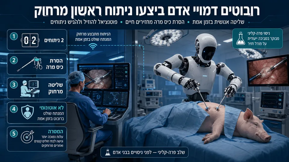 רובוט דמוי אדם מבצע ניתוח זעיר־פולשני בחזיר מורדם בחדר ניתוח מתקדם, בעוד מנתח אנושי שולט במערכת מרחוק באמצעות עמדת מחשב ומסכים רפואיים. בתמונה מודגשים שני ניתוחים להסרת כיס מרה, שליטה אנושית בזמן אמת והשלב הפרה־קליני של המחקר.
